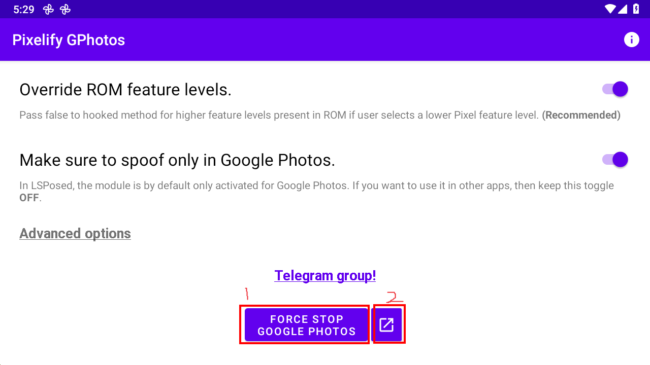 Pixelify GPhotos 화면의 FORCE STOP 버튼과 이동 버튼